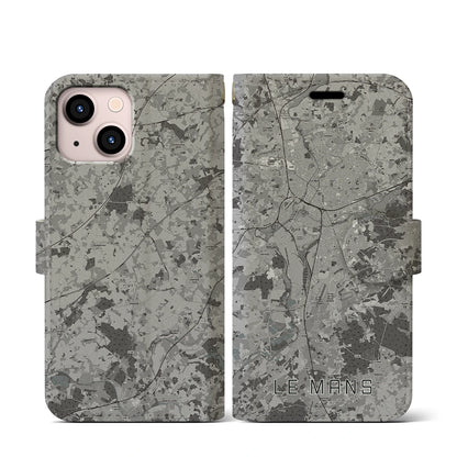 【ル・マン（フランス）】地図柄iPhoneケース（手帳タイプ）モノトーン・iPhone 13 mini 用