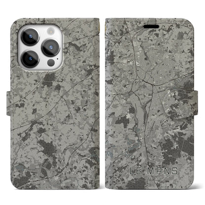 【ル・マン（フランス）】地図柄iPhoneケース（手帳タイプ）モノトーン・iPhone 14 Pro 用