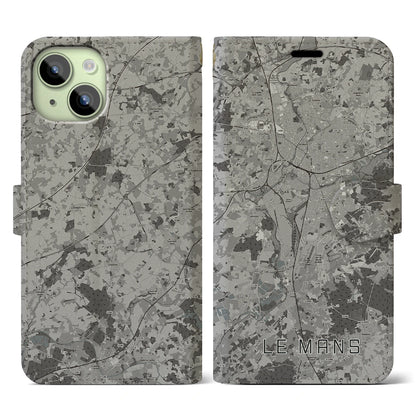 【ル・マン（フランス）】地図柄iPhoneケース（手帳タイプ）モノトーン・iPhone 15 用