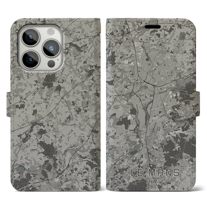 【ル・マン（フランス）】地図柄iPhoneケース（手帳タイプ）モノトーン・iPhone 15 Pro 用