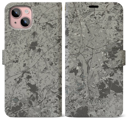 【ル・マン（フランス）】地図柄iPhoneケース（手帳タイプ）モノトーン・iPhone 15 Plus 用