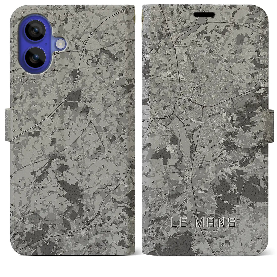 【ル・マン(フランス)】地図柄iPhoneケース(手帳タイプ)モノトーン・iPhone 16 Pro Max 用