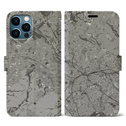 【リーズ（イギリス）】地図柄iPhoneケース（手帳タイプ）モノトーン・iPhone 12 / 12 Pro 用