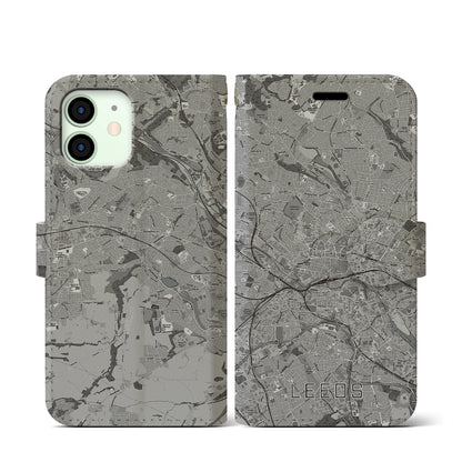 【リーズ（イギリス）】地図柄iPhoneケース（手帳タイプ）モノトーン・iPhone 12 mini 用