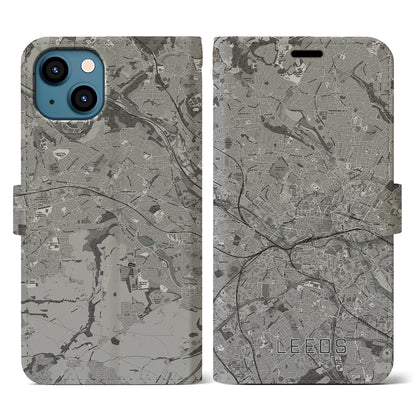【リーズ（イギリス）】地図柄iPhoneケース（手帳タイプ）モノトーン・iPhone 13 用