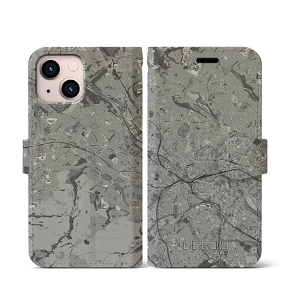 【リーズ（イギリス）】地図柄iPhoneケース（手帳タイプ）モノトーン・iPhone 13 mini 用