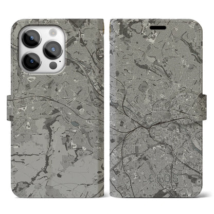 【リーズ（イギリス）】地図柄iPhoneケース（手帳タイプ）モノトーン・iPhone 14 Pro 用