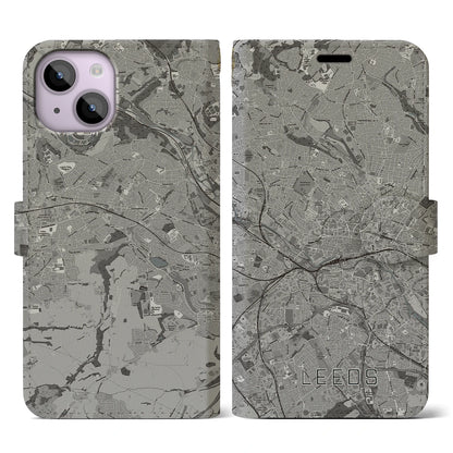 【リーズ（イギリス）】地図柄iPhoneケース（手帳タイプ）モノトーン・iPhone 14 用