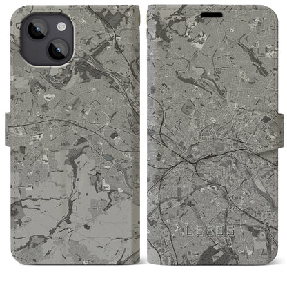 【リーズ（イギリス）】地図柄iPhoneケース（手帳タイプ）モノトーン・iPhone 14 Plus 用