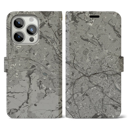【リーズ（イギリス）】地図柄iPhoneケース（手帳タイプ）モノトーン・iPhone 15 Pro 用