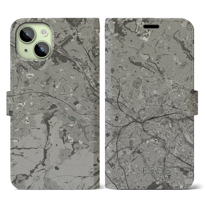 【リーズ（イギリス）】地図柄iPhoneケース（手帳タイプ）モノトーン・iPhone 15 用