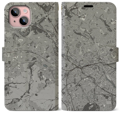 【リーズ（イギリス）】地図柄iPhoneケース（手帳タイプ）モノトーン・iPhone 15 Plus 用