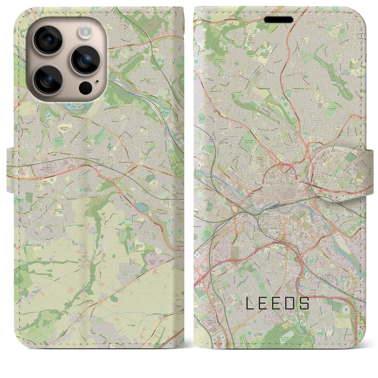 【リーズ（イギリス）】地図柄iPhoneケース（手帳タイプ）ナチュラル・iPhone 16 Plus 用