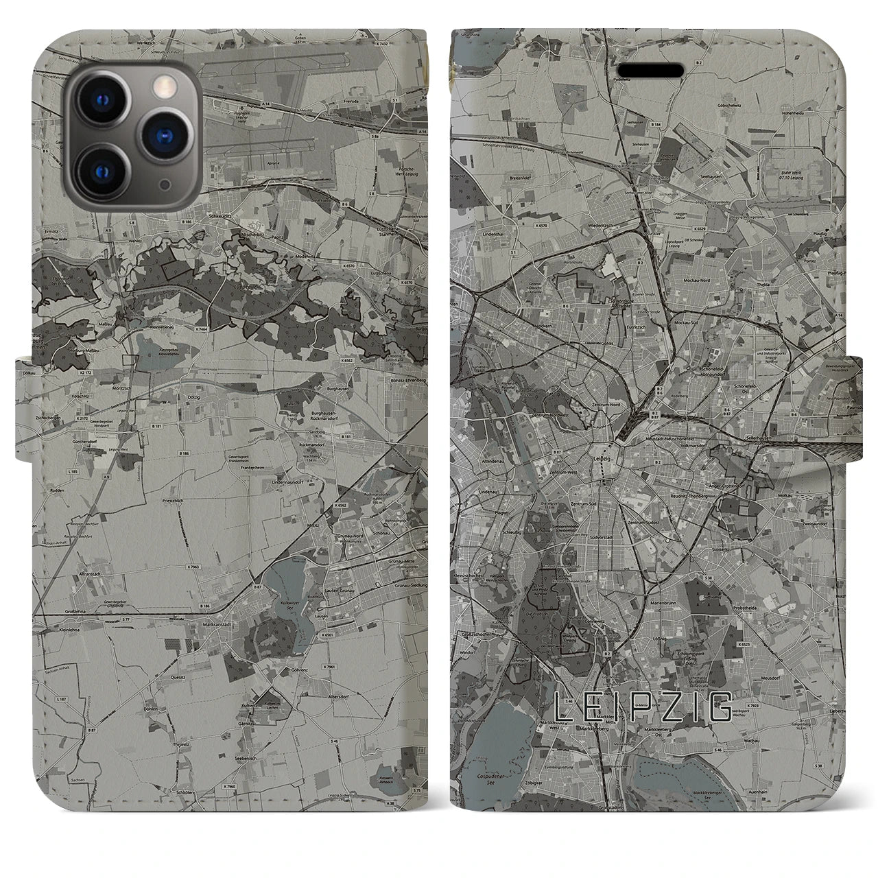 【ライプツィヒ】地図柄iPhoneケース（手帳両面タイプ・モノトーン）iPhone 11 Pro Max 用