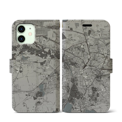 【ライプツィヒ（ドイツ）】地図柄iPhoneケース（手帳タイプ）モノトーン・iPhone 12 mini 用