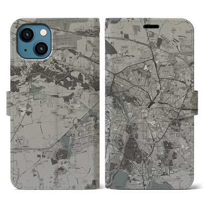 【ライプツィヒ（ドイツ）】地図柄iPhoneケース（手帳タイプ）モノトーン・iPhone 13 用