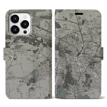 【ライプツィヒ（ドイツ）】地図柄iPhoneケース（手帳タイプ）モノトーン・iPhone 13 Pro 用