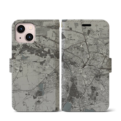 【ライプツィヒ（ドイツ）】地図柄iPhoneケース（手帳タイプ）モノトーン・iPhone 13 mini 用