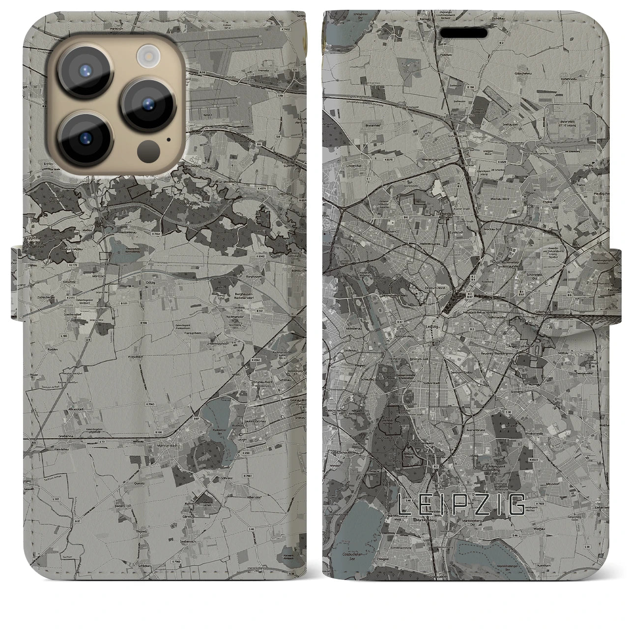 【ライプツィヒ】地図柄iPhoneケース（手帳両面タイプ・モノトーン）iPhone 14 Pro Max 用