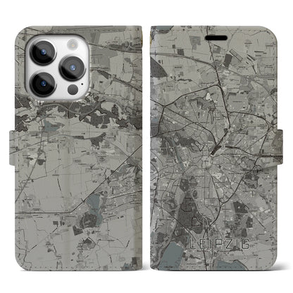 【ライプツィヒ（ドイツ）】地図柄iPhoneケース（手帳タイプ）モノトーン・iPhone 14 Pro 用