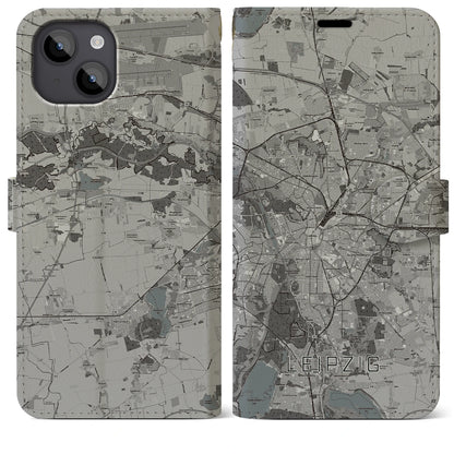 【ライプツィヒ（ドイツ）】地図柄iPhoneケース（手帳タイプ）モノトーン・iPhone 14 Plus 用