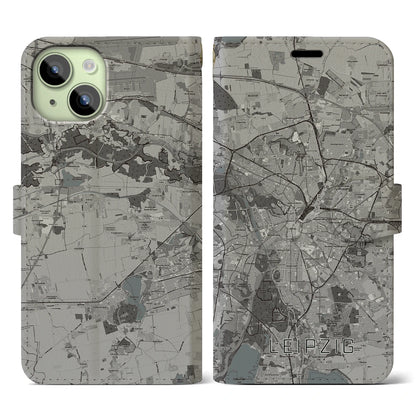 【ライプツィヒ（ドイツ）】地図柄iPhoneケース（手帳タイプ）モノトーン・iPhone 15 用