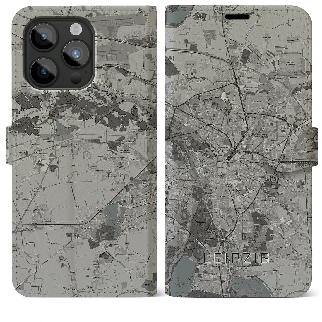 【ライプツィヒ】地図柄iPhoneケース（手帳両面タイプ・モノトーン）iPhone 15 Pro Max 用