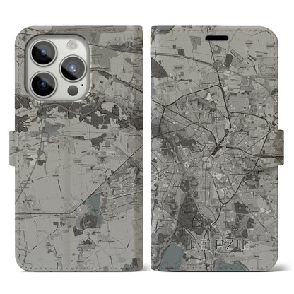 【ライプツィヒ（ドイツ）】地図柄iPhoneケース（手帳タイプ）モノトーン・iPhone 15 Pro 用