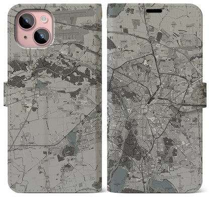 【ライプツィヒ（ドイツ）】地図柄iPhoneケース（手帳タイプ）モノトーン・iPhone 15 Plus 用
