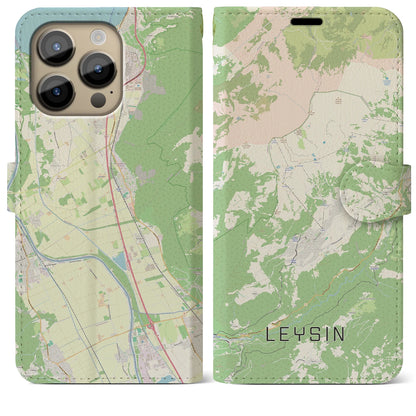 【レザン（スイス）】地図柄iPhoneケース（手帳タイプ）ナチュラル・iPhone 14 Pro Max 用