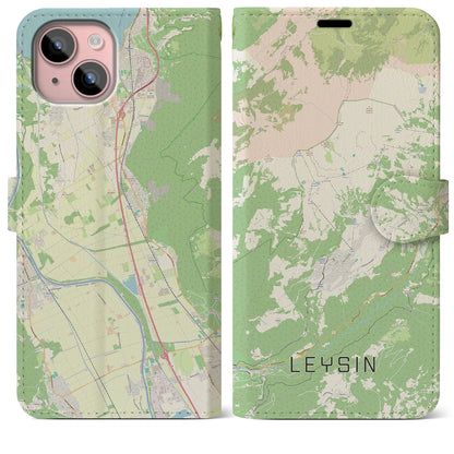 【レザン（スイス）】地図柄iPhoneケース（手帳タイプ）ナチュラル・iPhone 15 Plus 用