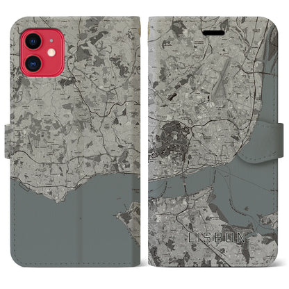 【リスボン（ポルトガル）】地図柄iPhoneケース（手帳タイプ）モノトーン・iPhone 11 用