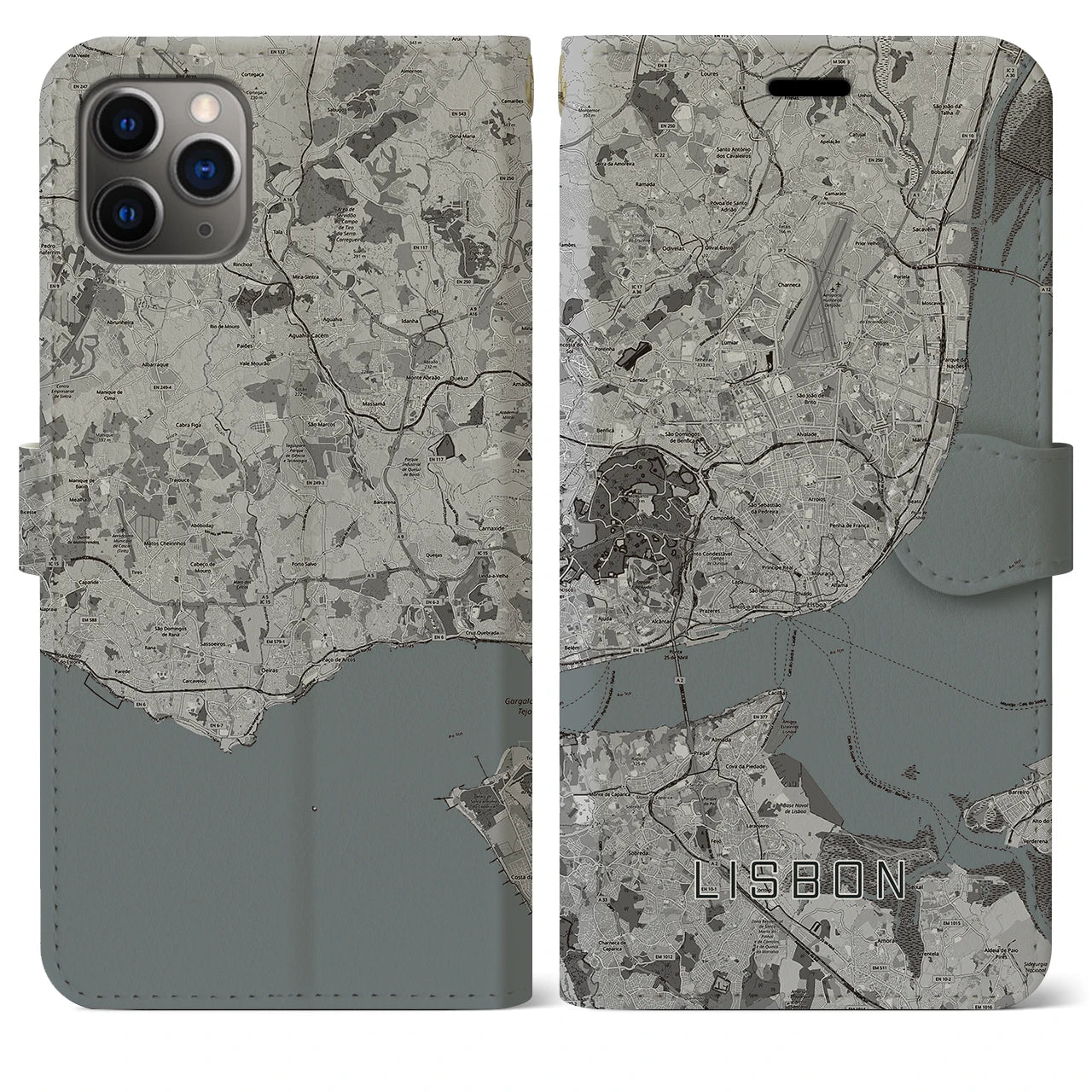 【リスボン】地図柄iPhoneケース（手帳両面タイプ・モノトーン）iPhone 11 Pro Max 用