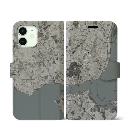 【リスボン（ポルトガル）】地図柄iPhoneケース（手帳タイプ）モノトーン・iPhone 12 mini 用