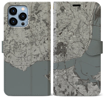 【リスボン（ポルトガル）】地図柄iPhoneケース（手帳タイプ）モノトーン・iPhone 13 Pro Max 用