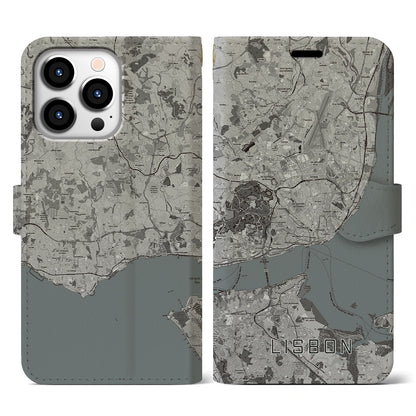 【リスボン（ポルトガル）】地図柄iPhoneケース（手帳タイプ）モノトーン・iPhone 13 Pro 用
