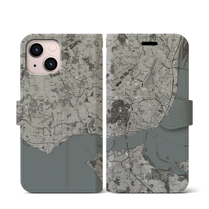 【リスボン（ポルトガル）】地図柄iPhoneケース（手帳タイプ）モノトーン・iPhone 13 mini 用