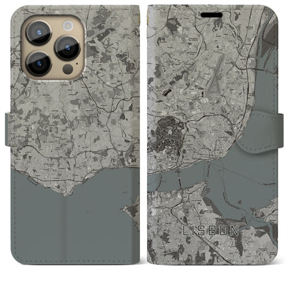 【リスボン（ポルトガル）】地図柄iPhoneケース（手帳タイプ）モノトーン・iPhone 14 Pro Max 用