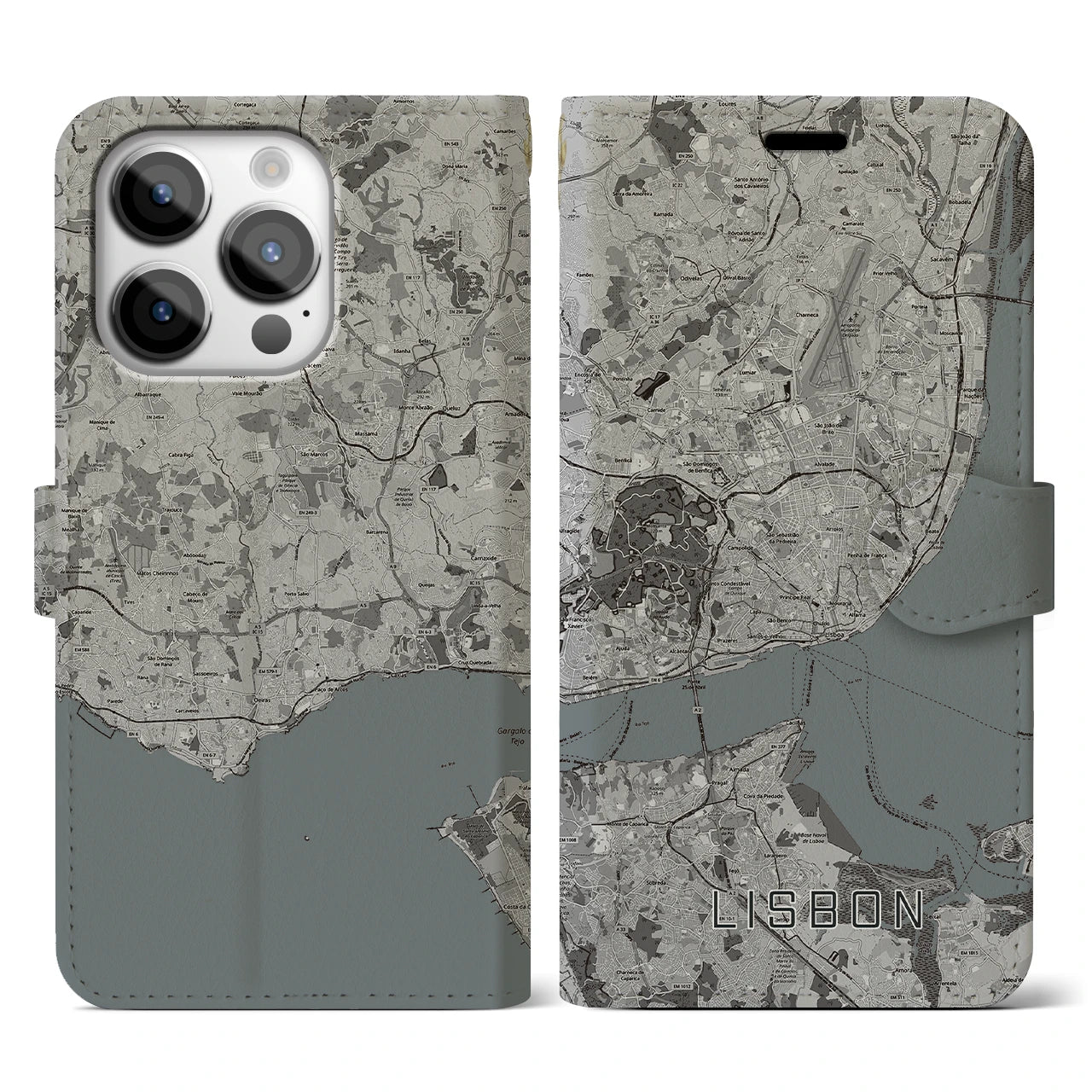 【リスボン】地図柄iPhoneケース（手帳両面タイプ・モノトーン）iPhone 14 Pro 用