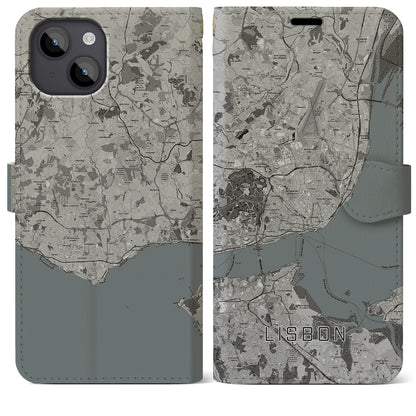 【リスボン（ポルトガル）】地図柄iPhoneケース（手帳タイプ）モノトーン・iPhone 14 Plus 用