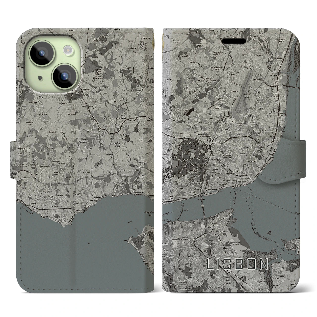 【リスボン】地図柄iPhoneケース（手帳両面タイプ・モノトーン）iPhone 15 用