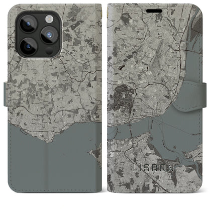 【リスボン（ポルトガル）】地図柄iPhoneケース（手帳タイプ）モノトーン・iPhone 15 Pro Max 用