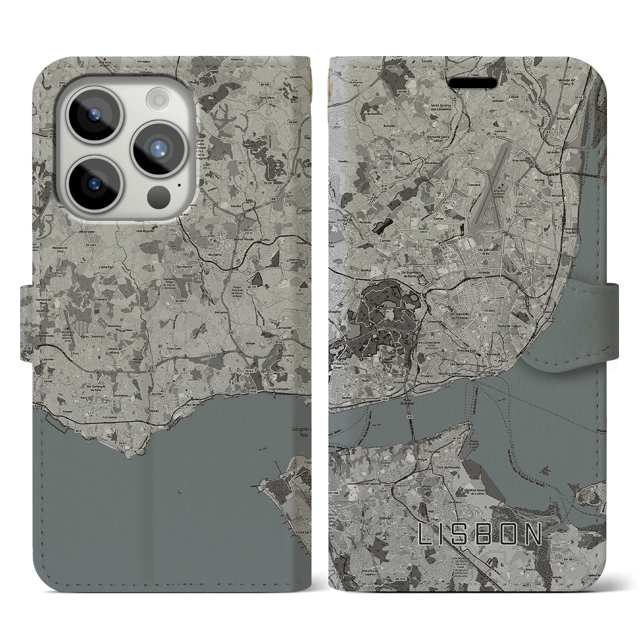 【リスボン】地図柄iPhoneケース（手帳両面タイプ・モノトーン）iPhone 15 Pro 用