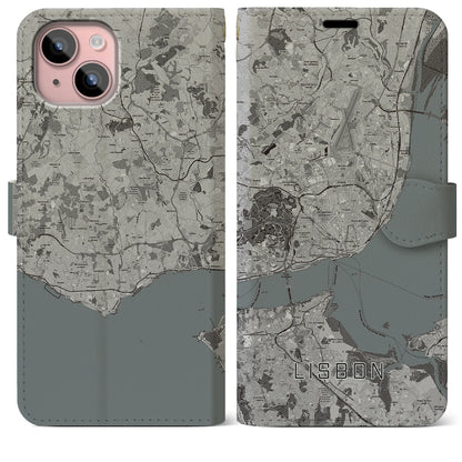 【リスボン（ポルトガル）】地図柄iPhoneケース（手帳タイプ）モノトーン・iPhone 15 Plus 用
