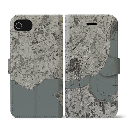 【リスボン（ポルトガル）】地図柄iPhoneケース（手帳タイプ）モノトーン・iPhone SE（第3 / 第2世代） / 8 / 7 / 6s / 6 用