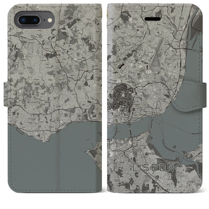【リスボン（ポルトガル）】地図柄iPhoneケース（手帳タイプ）モノトーン・iPhone 8Plus /7Plus / 6sPlus / 6Plus 用