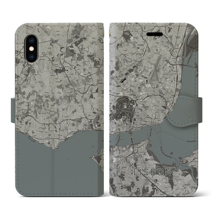 【リスボン（ポルトガル）】地図柄iPhoneケース（手帳タイプ）モノトーン・iPhone XS / X 用