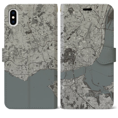 【リスボン（ポルトガル）】地図柄iPhoneケース（手帳タイプ）モノトーン・iPhone XS Max 用