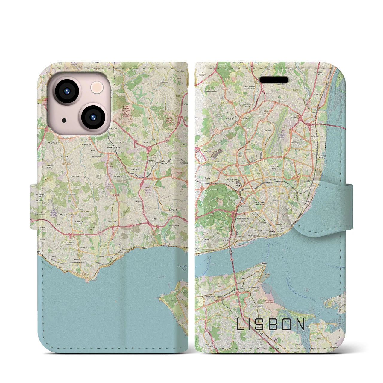 【リスボン】地図柄iPhoneケース（手帳両面タイプ・ナチュラル）iPhone 13 mini 用