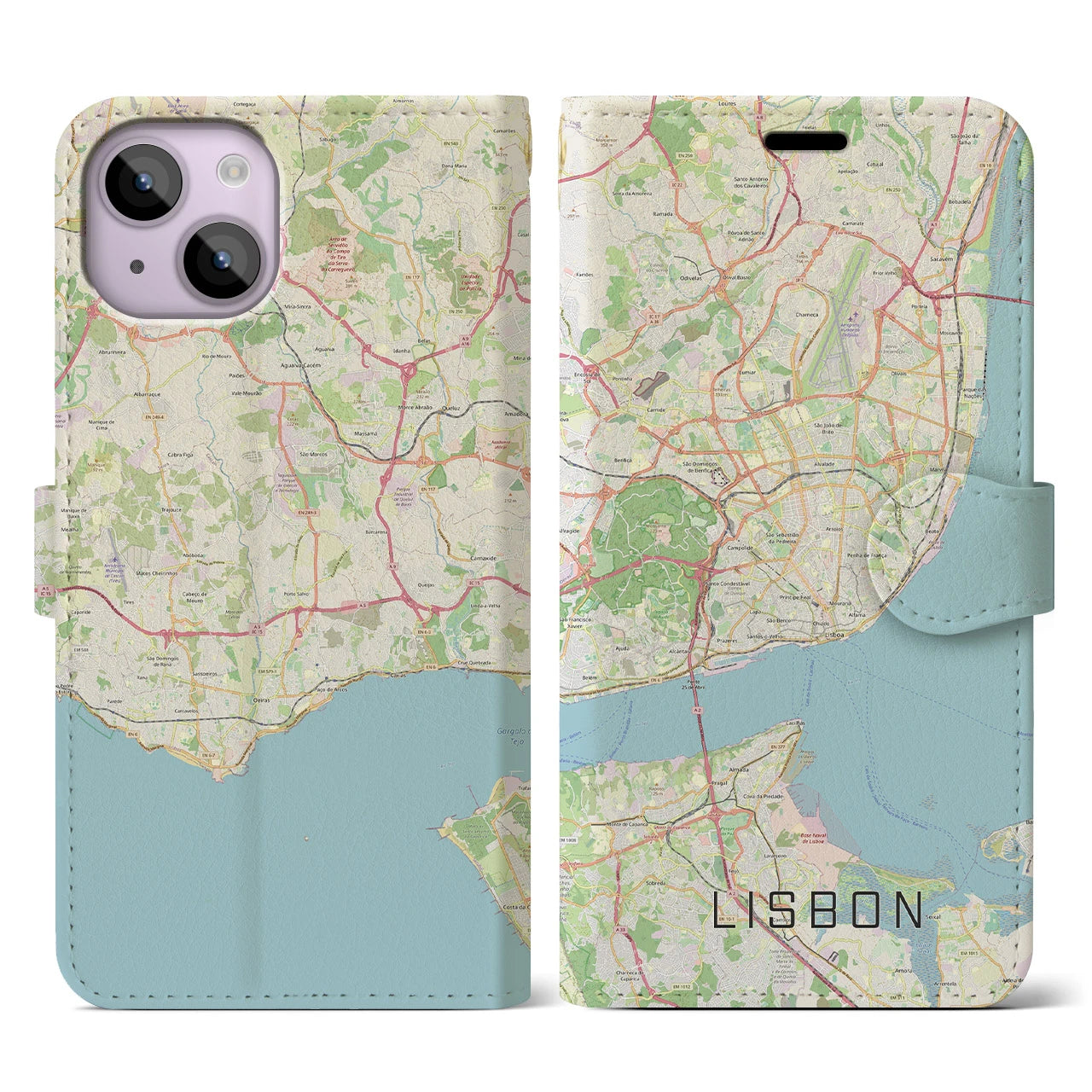 【リスボン】地図柄iPhoneケース（手帳両面タイプ・ナチュラル）iPhone 14 用